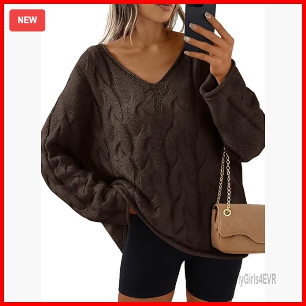 Oversized V-Neck Cable Knit Sweater Long Sleeve Pullover